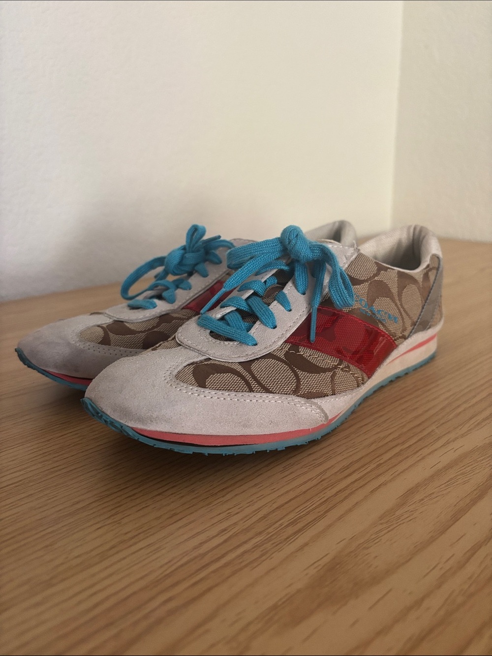 Coach Beige Signature Print Sneakers with Red Stripe and Teal Accents